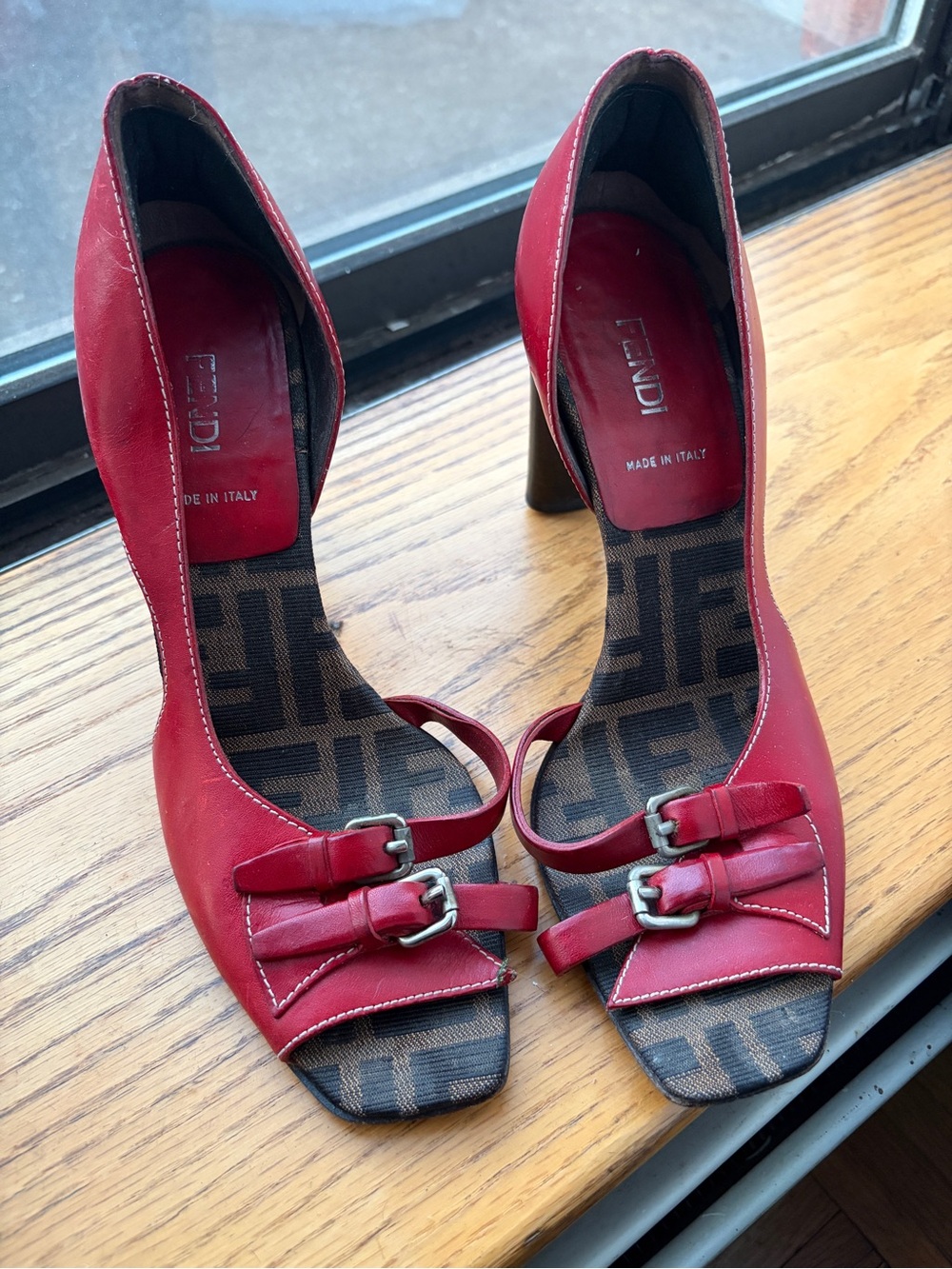 Fendi Zucca Red Leather Open-Toe Buckle Heels